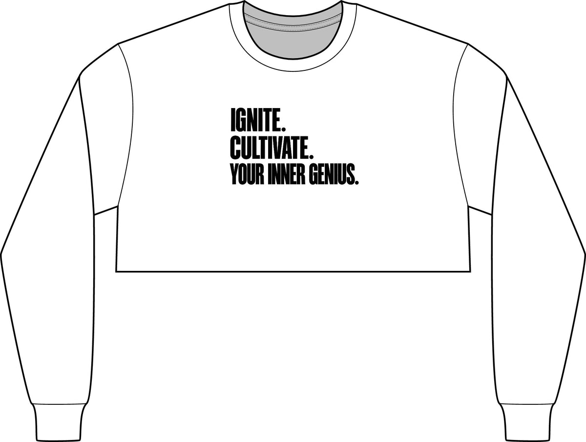 Motivational Crop Long Sleeve Tee — "Ignite. Cultivate. Your Inner Genius."