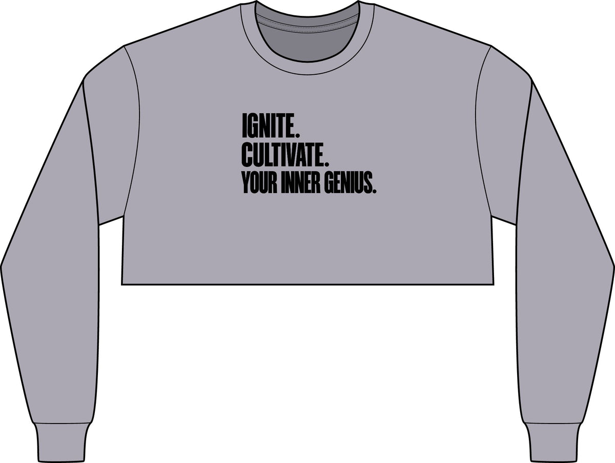 Motivational Crop Long Sleeve Tee — "Ignite. Cultivate. Your Inner Genius."