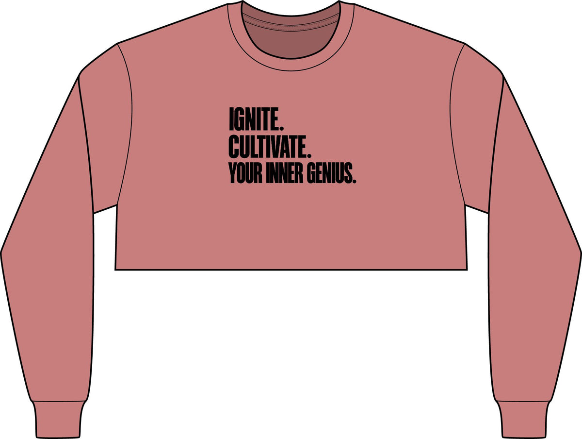 Motivational Crop Long Sleeve Tee — "Ignite. Cultivate. Your Inner Genius."