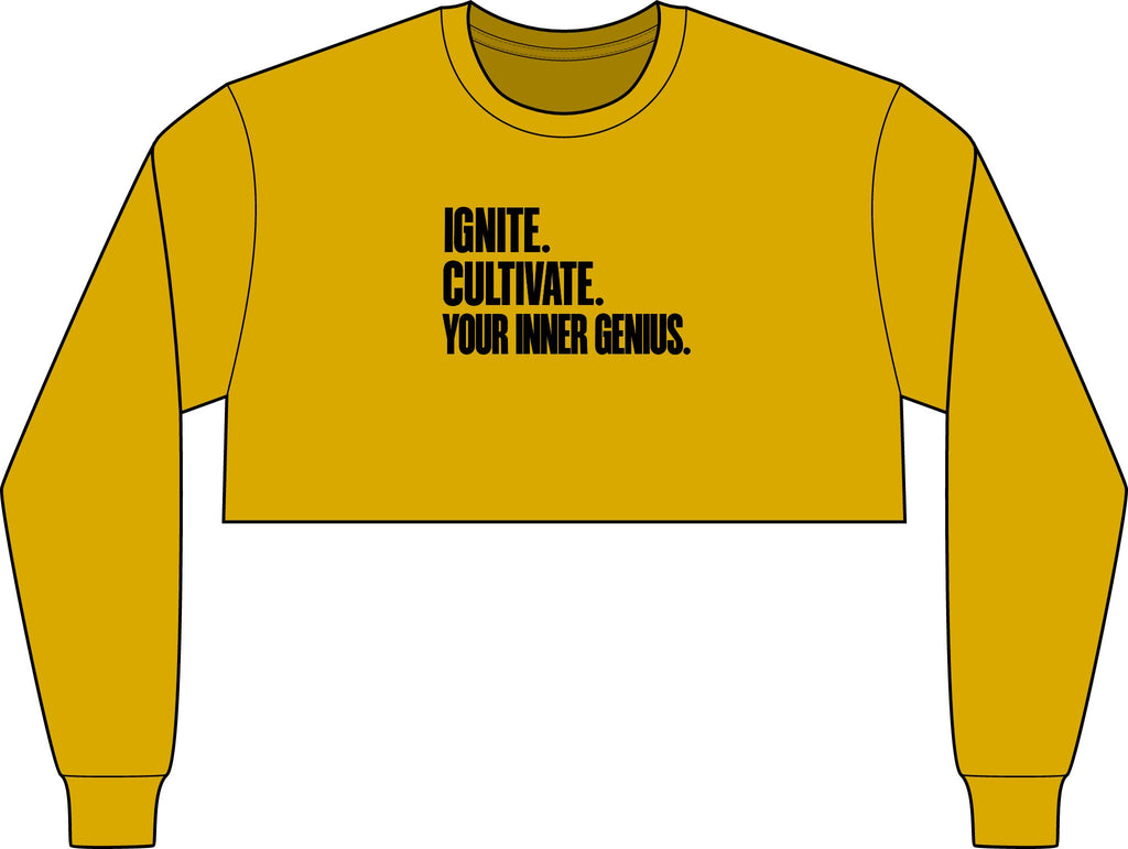 Motivational Crop Long Sleeve Tee — "Ignite. Cultivate. Your Inner Genius."